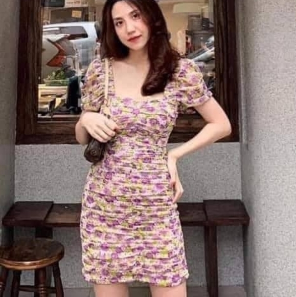 Zara Draped Ruched Puff Sleeves Floral Bodycon Mini Dress Lilac Size Large - Picture 8 of 16